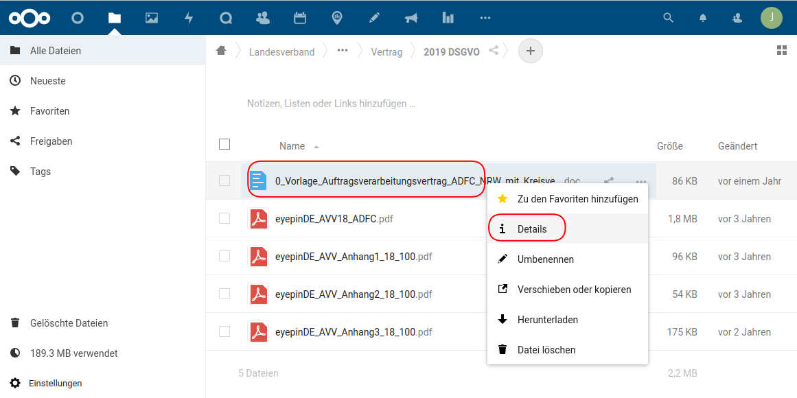 Auswahl der zu taggenden Datei und Öffnen des Kontextmenüs